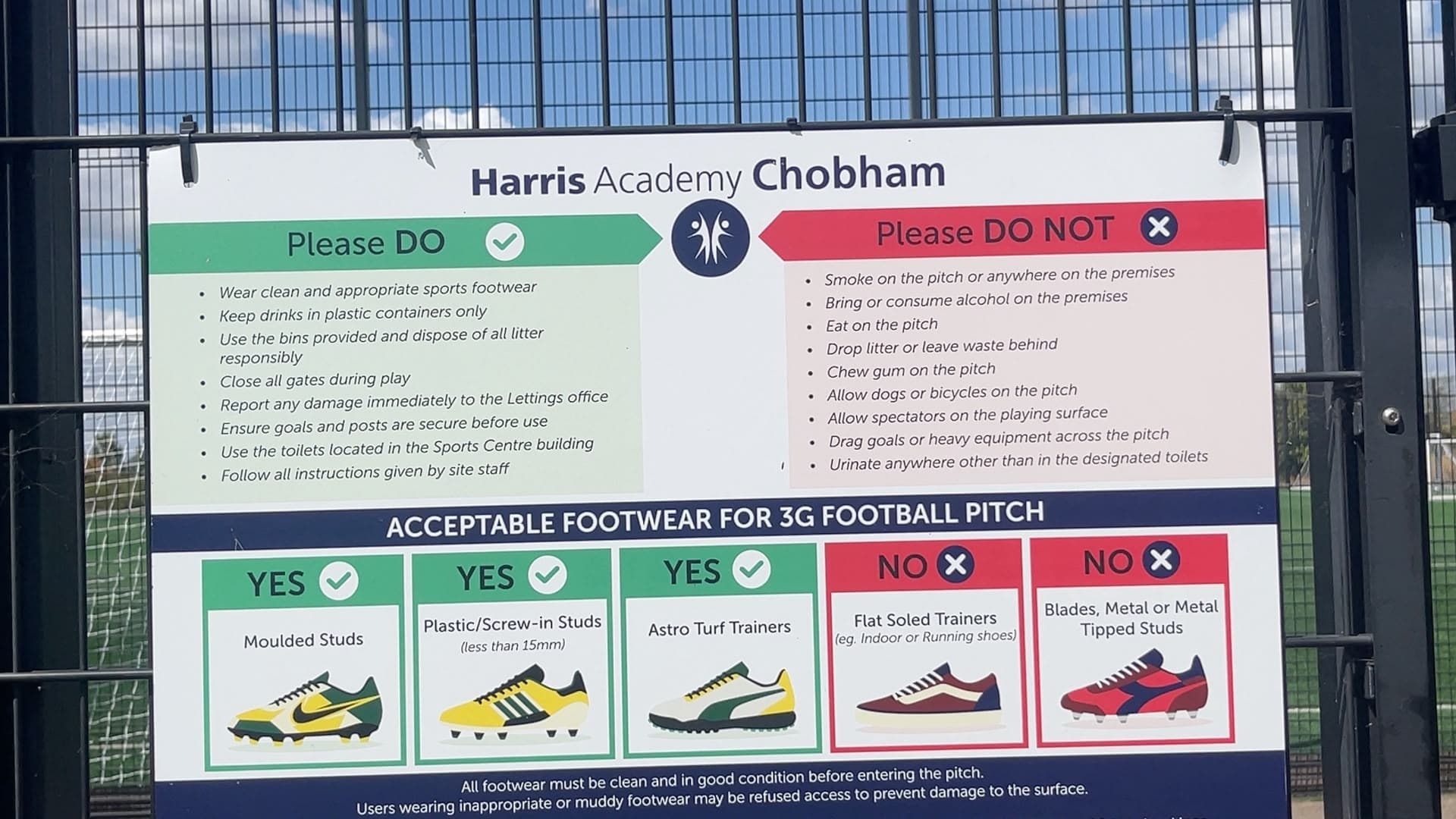 Pitch rules and acceptable footwear guidance at Chobham Academy